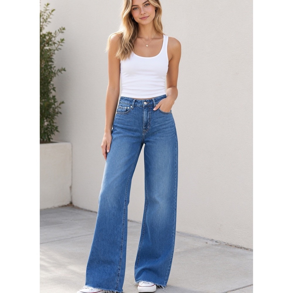 Aeropostale Wide Leg Jeans Womens 00 Reg Blue Raw Hem High Rise Cotton Relaxed